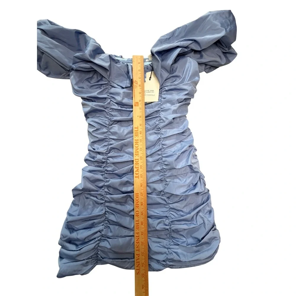 Glamorous NWT Urban Outfitters Blue Ruched Off Shoulder Puff Sleeve Mini Dress S